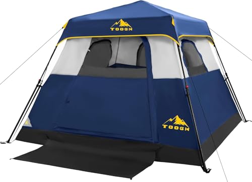3/4 Person Camping Tent with 1 Door, 4 Windows, and Upgraded Ventilation– Instant Setup, Waterproof, 8'x 8'x 67''Oxford Fabric Floor Pop Up in 60 Seconds Includes Rainfly and Backpack - color: 4 Person -Dark Blue
