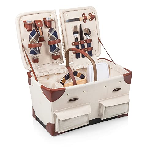 PICNIC TIME Pioneer Deluxe Picnic Basket, Romantic Vintage Wood-Framed Basket Covered in Canvas, Complete Deluxe Service for Two with Water-Resistant Bottom and Two Lids, (Beige Canvas)