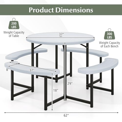 Giantex Picnic Table Bench Set for 4-8 Person, Round 37” Outdoor Dining Table w/Umbrella Hole, HDPE Tabletop, Metal Frame, Patio Furniture Set for Backyard Porch Lawn, 1400lb Capacity (White,Round) - color: White, size: Round-37"x37"x29"