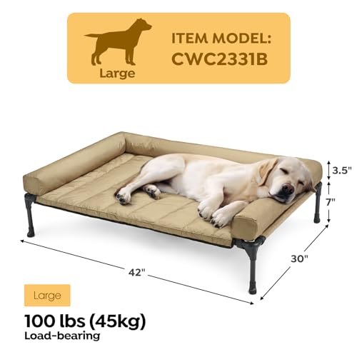 Veehoo Cooling Elevated Dog Bed Add Removable Waterproof Bolster Cushion Mat, Raised Pet Cot with Breathable Teslin Mesh, No-Slip Feet, Dog Couch Bed for Indoor Outdoor, 42x30inches, Beige, CWC2331B - color: Beige Coffee, size: 42.0"L x 30.0"W x 7.0"Th