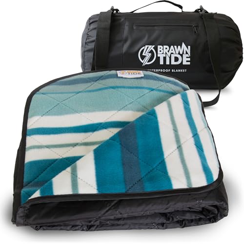 BRAWNTIDE Large Outdoor Waterproof Blanket - Extra Thick Fleece, Warm, Windproof, Sandproof, Quilted, 82" x 55", Ideal for Beaches, Picnics, Camping, Stadiums, Dogs, Car - color: Teal Green