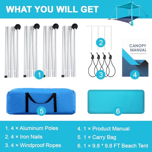 Beach Tent - 10 x 10 FT Beach Canopy, Outdoor Shade Canopy for Camping, Portable Beach Tent Sun Shelter UPF50 with 4 Sandbags, Anti-Wind Ropes, Ground Pegs and Stability Poles, Light Blue - style: 10*10 FT 4 Pole-Light Blue