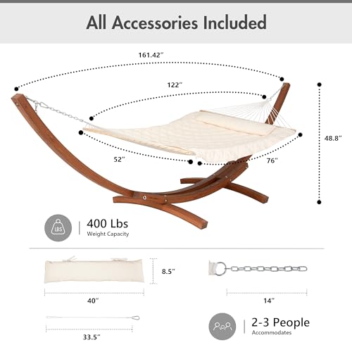 ANOW Heavy Duty Curved Wood Arc Stand with 2 Person Rope Hammock, 13.5FT Larch Wood Stand with 2 Chains, 4 Balance Ropes and 4 Carabiners, Includes Cream Hammock with Spreader Bars - color: Cream