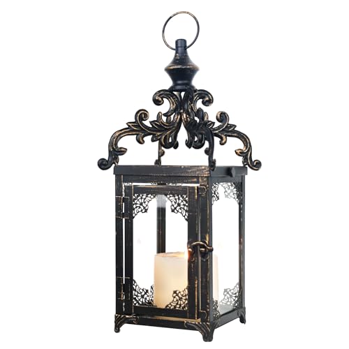 Candle Lantern Decorative Indoor & Outdoor, Large Vintage Metal Hanging/Tabletop Lanterns for Patio, Front Porch, Rustic Home Decor, Candle Holders for Christmas Decorations (Bronze) - color: Black / 16'' / 1 Pc