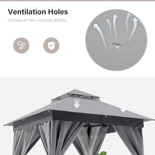 LAUSAINT HOME 8'x8' Outdoor Gazebo, Metal Frame Heavy Duty Patio Canopy Tent Shelter with Double Roofs, Mosquito Nettings and Privacy Screens for Backyard, Garden, Lawn, Gray - color: Gray, size: 8'x8'