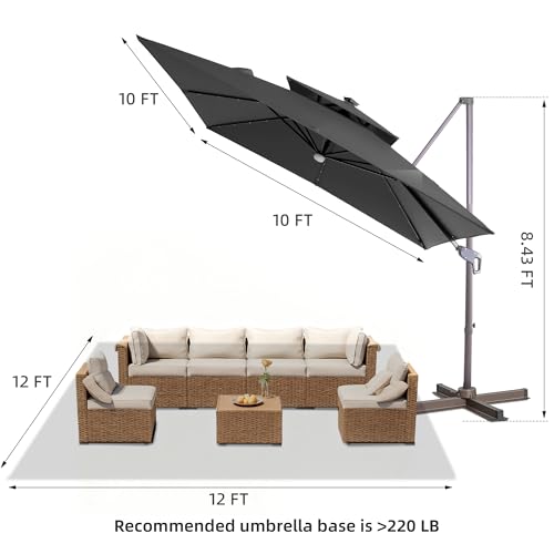 JZAC & QZYD 9x9 FT Outdoor Cantilever Patio Umbrella with Solar LED Lights, Large Heavy Duty 2-Tier Canopy Square Aluminum Offset Umbrellas with 360-Degree Rotation for Pool Deck Backyard, Grey - color: Grey, size: 9'×9'