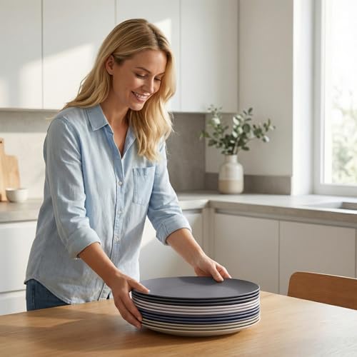 AOYITE Plastic Dinner Plates Reusable, Unbreakable Salad Plates set of 12, BPA Free Microwave & Dishwasher Safe Party Plate for Any Occasion, BBQ, Travel, Events - color: Neutral Tones