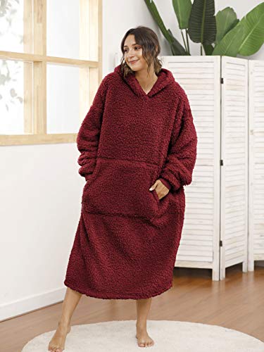 Sherpa Wearable Blanket Oversized Hoodie Sweatshirt TV Blanket with Long Sleeves and Pocket -WineRed - color: Winered