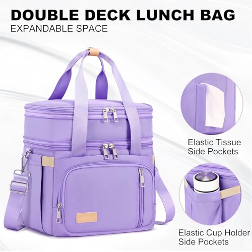 MAPLELILY Lunch Box for Men Women - Double Deck Insulated Lunch Bag, Large Leak Proof Tote Cooler, Wide Open Dual Compartment Lunch Bags with Shoulder Strap, For Work Picnic Hiking Beach, Purple - color: Purple