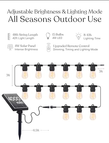 Brightech Ambience Pro Super Bright 48 Ft, 15 Bulbs Solar Power Remote Control Outdoor String Lights, Edison Spiral Shatterproof Bulbs, Commercial Grade LED, Waterproof Patio Lights, 4W Soft White - style: Super Bright Spiral (4W) Remote Control 48 FT