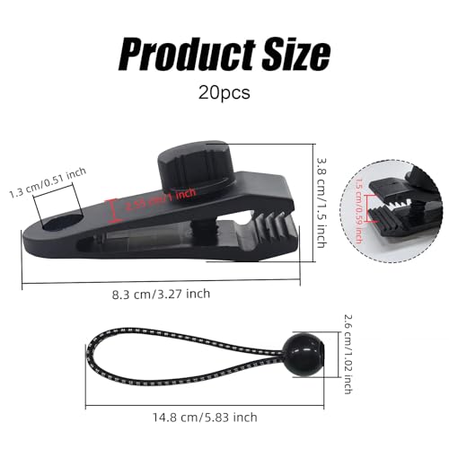 20 Pack Tarp Clips with Bungee Balls, Heavy Duty Tarp Tie Downs, Waterproof Lock Grip Tent Clips for Camping, Garden Shade Cloth, Car Cover and Awning, Black - size: 20 PCS