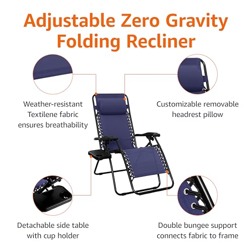 Amazon Basics Outdoor Adjustable Zero Gravity Folding Reclining Lounge Chair with Cup Holder, Headrest Pillow, Detachable Side Table, Weather Resistant, Set of 2, Blue - color: Blue