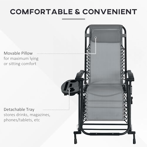 Outsunny Set of 2 Outdoor Rocking Chairs, Foldable Reclining Zero Gravity Lounge Rocker with Pillow, Cup & Phone Holder, Combo Design with Folding Legs, Gray - color: Grey, size: 2 Packs