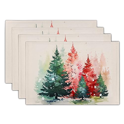 Christmas Tree Placemats Set of 4 for Dining Table, Colorful Xmas Pine Trees Snowflake Washable Non-Slip Heat Resistant Linen Fabric Place Mats 12x18 in Party Decor Winter Holiday - color: Xmas Tree