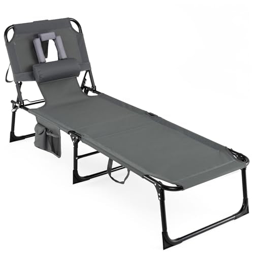 COSTWAY Tanning Chair with Face Hole, Folding Beach Lounge Chair with 4-Position Adjustable Backrest, Pillow & Side Pocket, Foldable Chaise Lounge Chair Outdoor for Sunbathing, Camping (1, Grey) - color: Grey