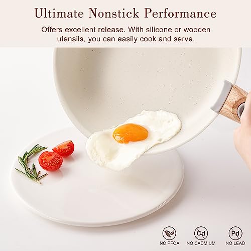 Nonstick Cookware Set - YIIFEEO Stackable Pots and Pans Set Detachable Handle Camping Cookware Granite Kitchen Cookware Sets Removable Handle, Non Toxic Nonstick Frying Pans for Cooking Set Gift Beige - color: A Ivory White