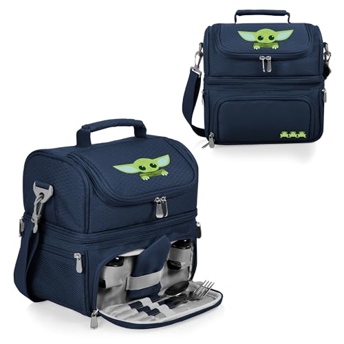 PICNIC TIME Star Wars Mandalorian Grogu Pranzo Insulated Lunch Box, Soft Sided Cooler Bag with Utensil Set, Dual Compartment Lunch Tote, (Navy Blue) - color: Star Wars Mandalorian Grogu - Navy Blue