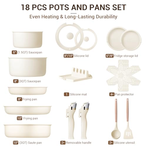 Ammeloo 18-Piece Ceramic Pots and Pans Set Non Stick, Non Toxic Cookware Set with Removable Handles, Pot Sets for Cooking, Induction Ready, Dishwasher & Oven Safe, PFAS PFOA & PTFE Free (Cream White) - color: Cream White