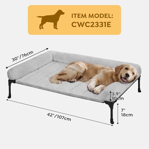 Veehoo Orthopedic Elevated Dog Bed with Fluffy Plush Bolster Cushion, Indoor Raised Dog Beds for Large Dogs, Soft Pet Sofa Cot with Removable Washable Mat, No-Slip Feet, 42 x 30 inches, Grey - color: Grey, size: 42.0"L x 30.0"W x 7.0"Th