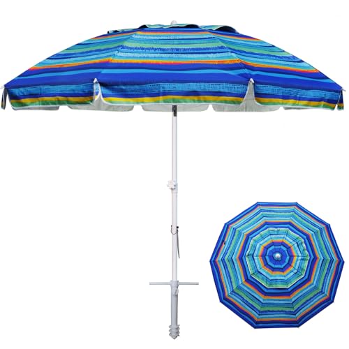 AMMSUN 8 Feet Large Beach Umbrella with Sand Anchor Heavy Duty High Wind Portable Outdoor Umbrellas UV 50+ Protection Air Vent Tilt Patio Garden Pool - color: Green Stripes
