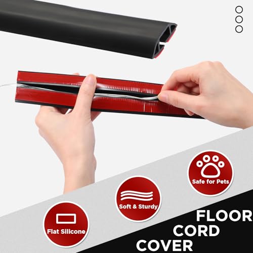 Nuogo 16 ft Floor Cord Cover Overfloor Silicone Cable Protector Extension Cord Covers Wire Cable Organizer Hider for Floor Home Office Garage Management, Black