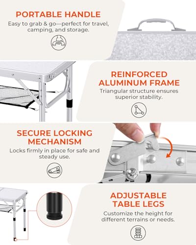 Sportneer Camping Table: Adjustable Height Small Folding Table 23.6" L x 15.7" W 2 Height with Mesh Layer - Compact & Portable Camping Essentials for Outdoor Camp Garden Picnic BBQ Dining Cooking - color: White, size: 23.6"L x 15.7"W (2 Height)