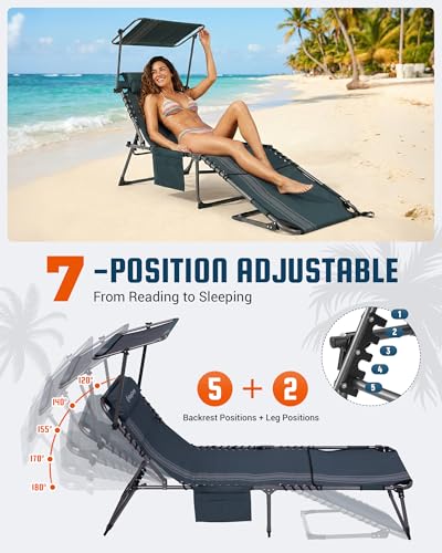 KingCamp Lounge Chair with face Hole & Canopy Shade, 400LBS Folding Portable Tanning Chair with face Hole, Adjustable 5-Position Foldable Beach Sun Tanning Chair for Outside Beach Patio Outdoor Pool - color: C*skyshade Canopy——blue/Grey Canopy, style: 400