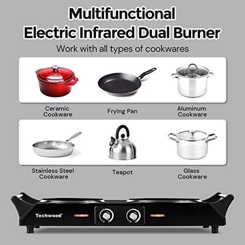 Hot Plate, Techwood 1800W Double Infrared Ceramic Electric Stove for Cooking, Dual Control Cooktop Burners, Portable Anti-scald Handles Suitable for RV/Home/Camp, Compatible for All Cookwares - color: Black, size: Infrared Ceramic Double Burner