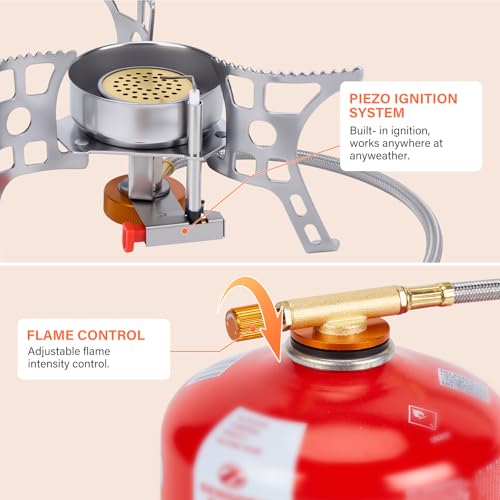 WADEO 3900W Windproof Camping Stove, Camping Gas Stove with Piezo Ignition, Backpacking Stove Portable Camping Stove with Two Fuel Canister Adapter for Outdoor Backpacking Hiking and Picnic - style: 3900W
