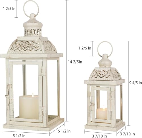 Large Lantern Decorative Outdoor & Indoor, Set of 2 (14’’&10’’) Metal Candle Lanterns Decor, Vintage Hanging Candle Holder for Front Porch Patio Wedding Farmhouse Home, Spring Decoration - color: Begie / 14.4’’h + 9.8’’h