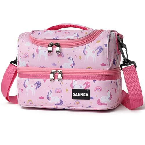 Double Deck Lunch Bag Cooler Insulated Lunch Box Tote 7L Pink Unicorn Bento Bags with Removable Adjustable Strap - color: 7L Pink Unicorn