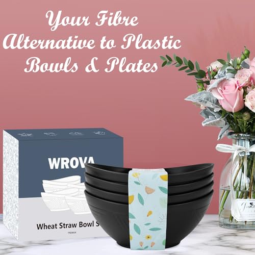 Wrova 65oz Large Salad Bowls Black - Wheat Straw Salad bowls Set of 4 - Unbreakable Salad Bowls Dishware & Microwave Safe - BPA Free Bowls for kitchen,camping - color: Black, size: 4 Pack