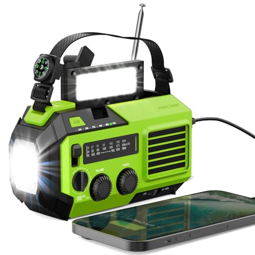 FosPower NOAA Emergency Weather Radio A6 19240mWh Portable Power Bank, AM/FM, USB/Solar/Hand Crank Charging, Battery Operated, SOS Alarm & Flashlight for Indoor/Outdoor Emergency - Green - color: 06 - Model A6 - Green