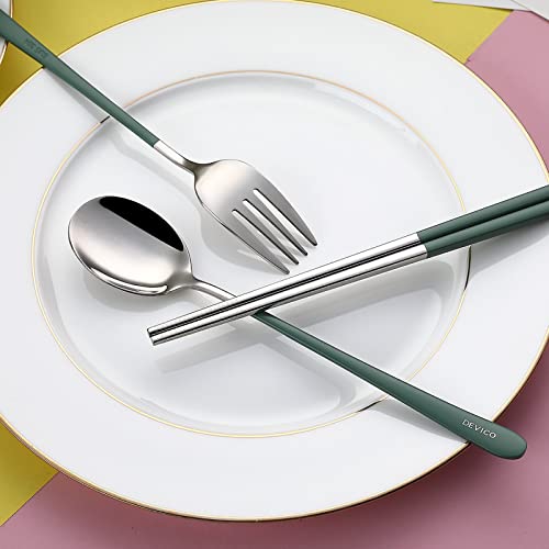 DEVICO Portable Utensils, Travel Reusable Silverware Flatware Set for Lunch, 18/8 Stainless Steel 4-Piece Camping Cutlery Include Fork Spoon Chopsticks with Case (Green) - color: Green