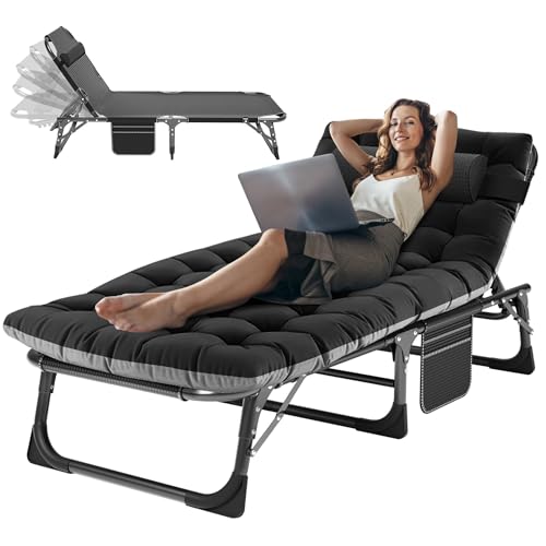 ABORON 3-in-1 Folding Lounge Chair with Padded Cushion, 440LB Heavy-Duty 3-Fold Adjustable Recliner & Guest Bed, No Assembly Portable Chaise Lounge for Patio, Poolside, Office Nap & Camping - color: Ivory Flannel Smoke