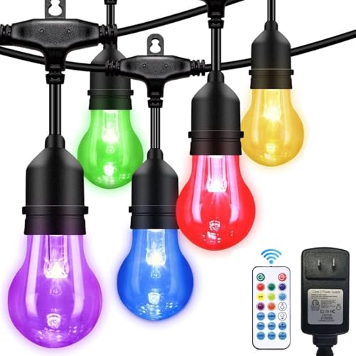 105FT Solar Outdoor String Lights, 32 Shatterproof E26 Edison LED Bulbs, Dimmable RGB Color Changing Patio Lights Waterproof with Remote. for Backyard, Garden, Party, Bistro, Cafe - size: A55 105FT