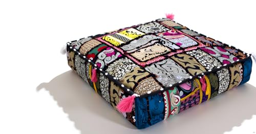 CRAFT KALA Indian Square Patchwork Traditional Pouf Cover Indian Living Room Poufs Decorative Embroidered Designer Ottoman Home Living Footstool Chair Cover Decor Pillow Cover 22x22x5 inches, Black