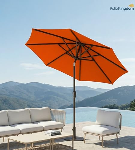 PatioKingdom Auto-Tilt 9FT Patio Umbrella Outdoor with 8 Sturdy Fiberglass Ribs,Market Table Umbrella for Pool,Backyard,Deck and Garden - color: Orange, size: 9FT