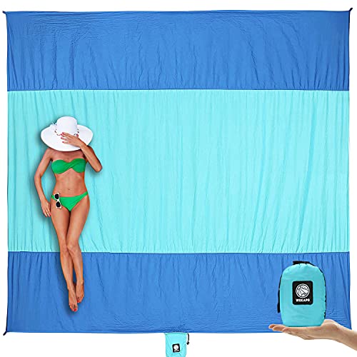 WEKAPO Beach Blanket Sandproof Waterproof, Extra Large Beach Mat, Oversized & Compact Sand Free, Quick Drying Beach Essentials for Vacation, Cruise, Picnic & Camping with Stakes - color: Blue, size: 7x7 FT (1～3 person)