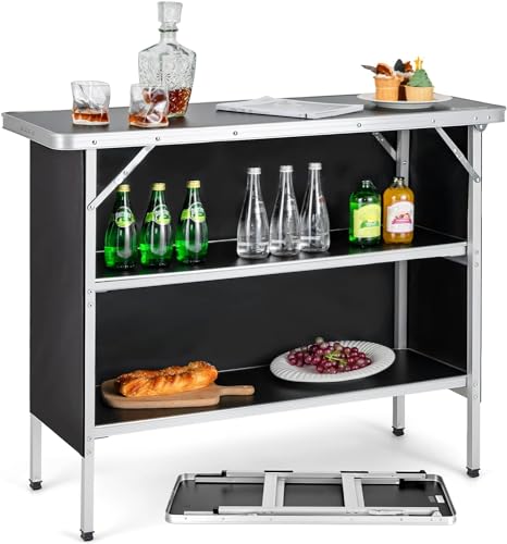 Goplus Folding Camping Table, Portable Pop-Up Bar Table with 2-Tier Storage Shelves, Removable Cloth Cover, Aluminum Foldable Camp Table for Picnic, Tailgate, Party, Travel, Outdoor - color: Black