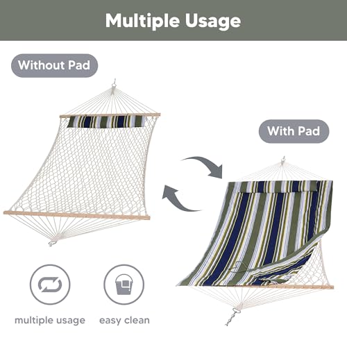 SUNCREAT Hammocks Outdoor Double Hammock with Hardwood Spreader Bar, Cotton Rope Hammock with Polyester Pad, Blue&Aqua - color: Blue&aqua