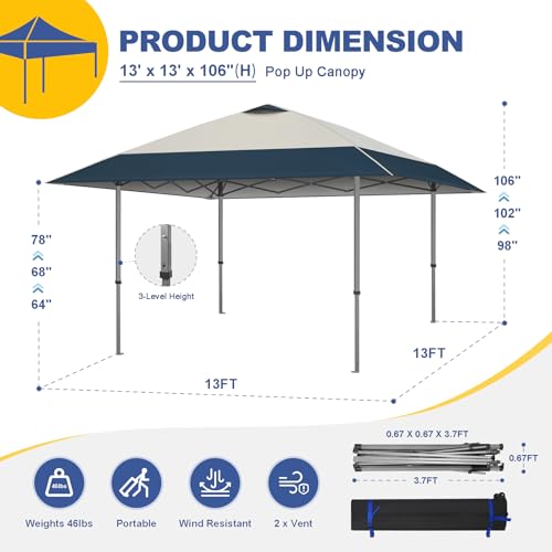Explore Land 13x13 Pop Up Canopy with One Push Setup Heavy Duty Outdoor Sun Shade Tent for Beach,Camping,Events,Parties(Beige & Navy) - color: Beige & Navy, size: 13x13ft