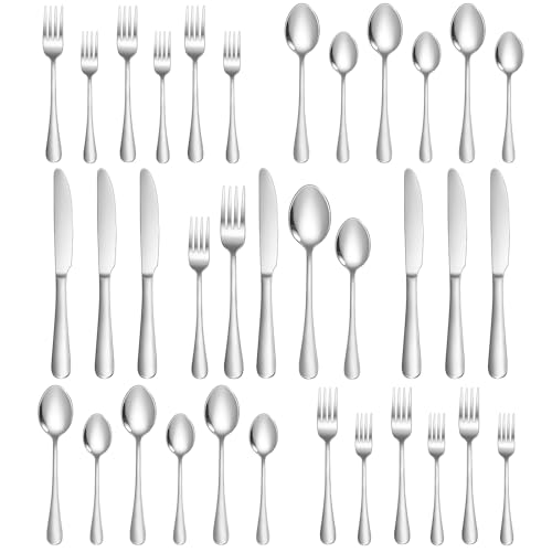 Lazycorner Silverware Set 30 Piece Stainless Steel Flatware Set Silverware Utensils for 6 People Includes Forks Knives Spoons & Salad Forks Dishwasher Safe for Home Restaurant or Outdoor Use - style: C. 30-Piece Silver