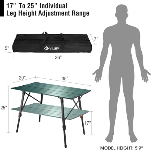 VILLEY Portable Camping Table with Adjustable Legs, Lightweight Aluminum Folding Beach Table with Carrying Bag for Outdoor Cooking, Picnic, Beach, Backyards, BBQ and Party - Green - color: Green