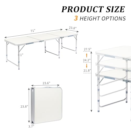 6.0 Ft Folding Portable Camping Table, Adjustable Height, Outdoor Waterproof Aluminum Lightweight Suitcase Table for Picnic, BBQ, Beach, Dining - color: White, size: 6 FT