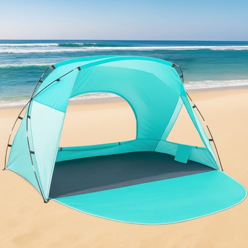 Beach Tent, Portable Sun Shelter for 2/3/4/6-8 Person with UPF 50+ UV Protection, Easy Setup Waterproof Beach Shade Canopy Cabana for Family Outdoor and Picnics, Fishing with Carrying Bag - color: Turquoise Ocean, size: Standard 3-Person