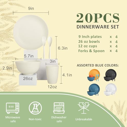 Wrova Wheat Straw Dinnerware Sets of 20,Dishwasher Safe Kitchen Plates and Bowls Sets,Camping Dishes Sets Contains Dinner Plates,Cereal Bowls,Drinking Cups and Flatware.(Beige) - color: Beige, size: 20 Pack