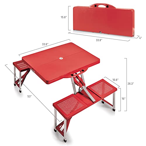 Picnic TIME Portable Folding Picnic Table with Seats for 4, Collapsible Aluminum Table with Benches & Umbrella Hole, Lightweight Foldable Table for Camping, Travel, Backyard, Tailgating | with Umbrella Hole - color: Red