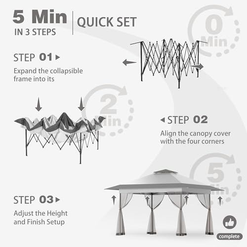 Bezseller 13x13 Pop Up Gazebo with Mosquito Netting – Easy 1-Person Setup, Water-Resistant Backyard Canopy for Family Patio & Garden Use,Light Grey - color: Light Grey, size: 13"x13"