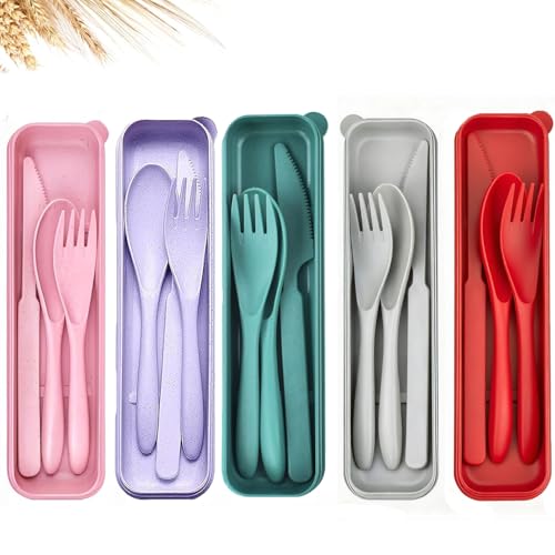 Travel Utensils Set - Reusable 5 Sets Wheat Straw Plastic Cutlery with Case, Portable Forks Spoons and Knives Set, Eco-Friendly BPA Free for Daily Use (Grey,Red,Dark Green,Pink,Purple) - color: Grey,Red,Dark Green,Pink,Purple